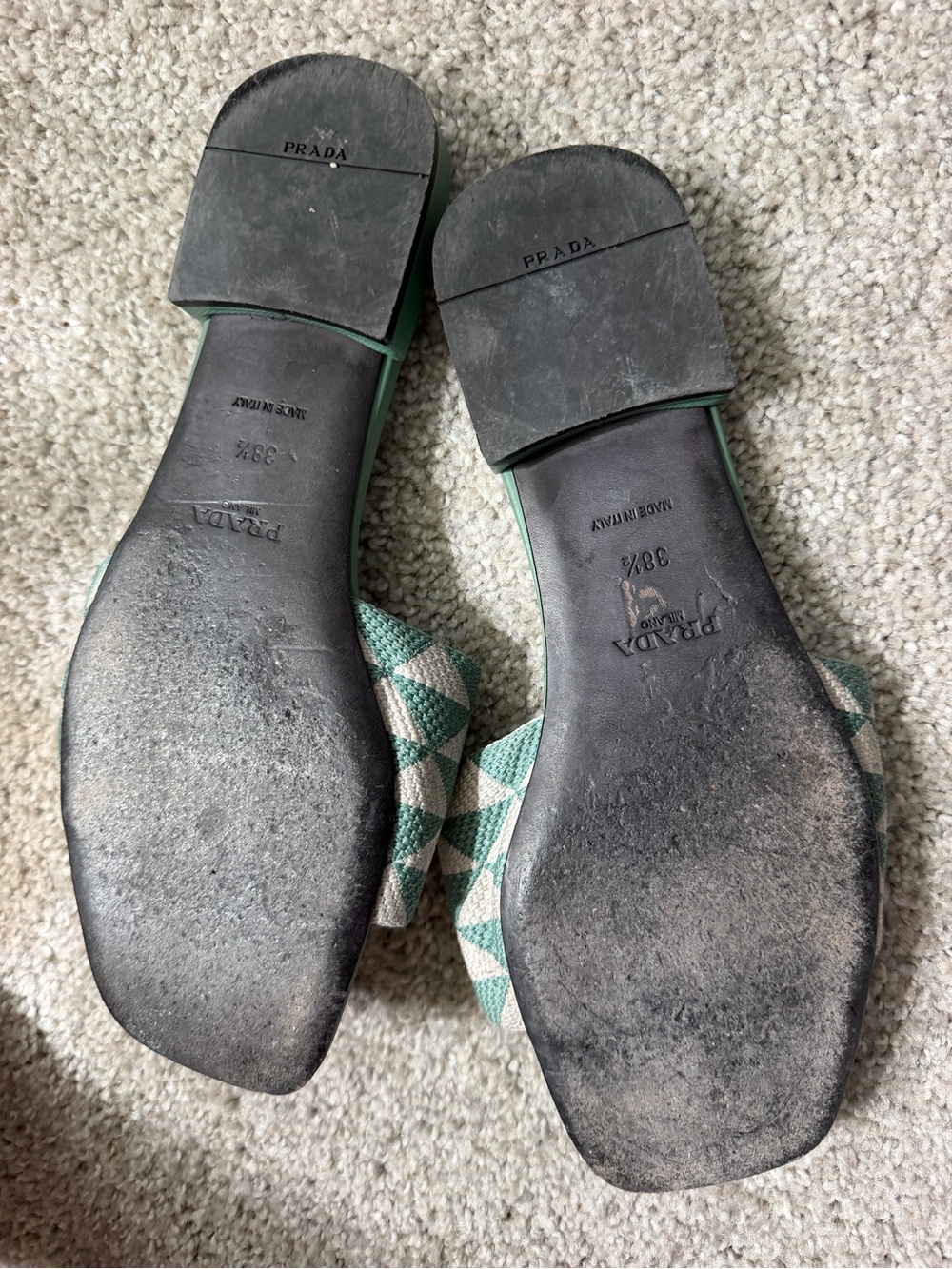 Prada Green Leather Slide Sandals with Patterned Jacquard Strap - Picture 5 of 5